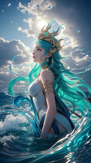 蓝发海神立浪间，神光破云显威仪