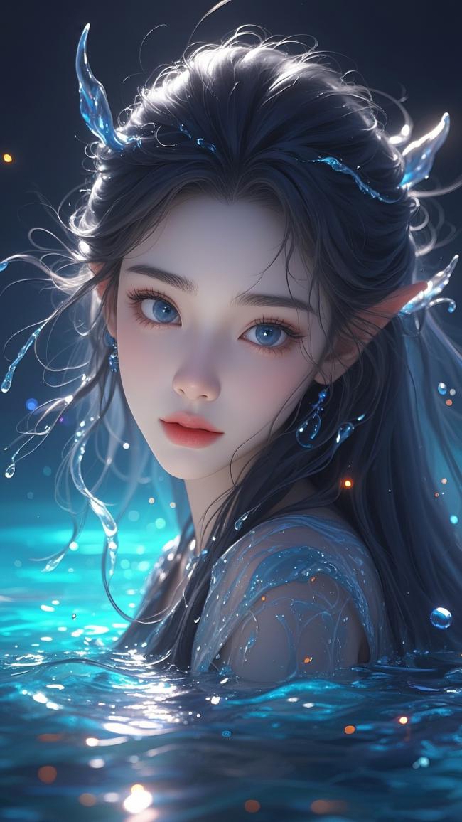 水精灵少女沉浸深海，水晶角饰闪耀梦幻光芒