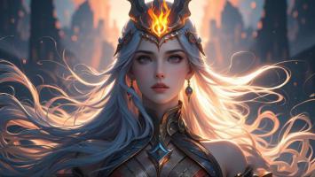 银发战姬火焰王冠3D渲染肖像