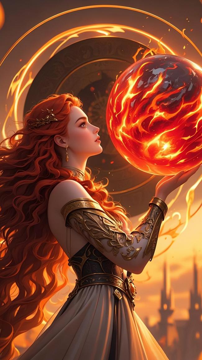 火焰女神托举星火，神话史诗画面