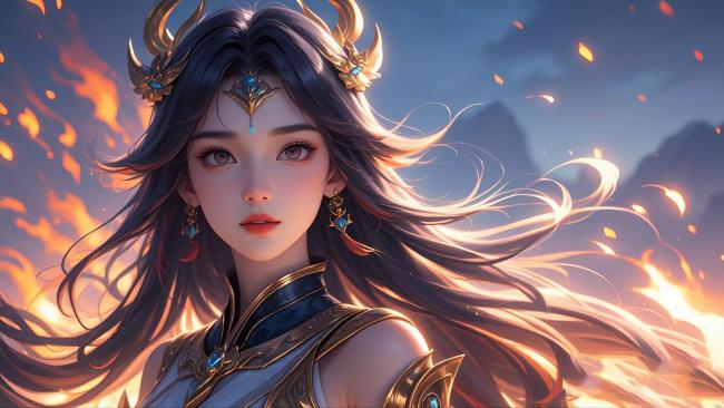 仙侠女将立于火海之巅，金冠战甲耀日月