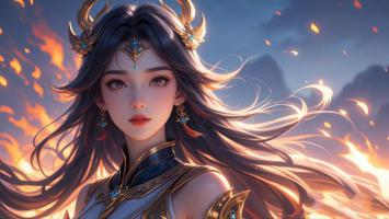 仙侠女将立于火海之巅，金冠战甲耀日月