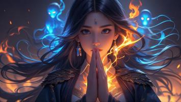 仙侠少女施法瞬间，火焰幽灵环绕神秘仪式感