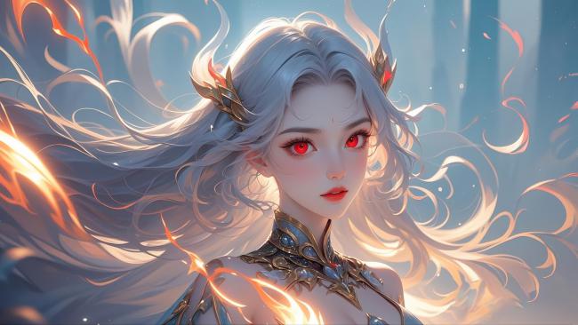 银发红瞳仙侠女战士火焰环绕插画