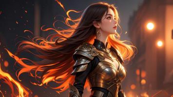 火焰女战士写实肖像：铠甲与烈焰共舞