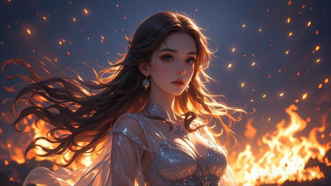 火焰中的银衣女神：奇幻史诗场景插画