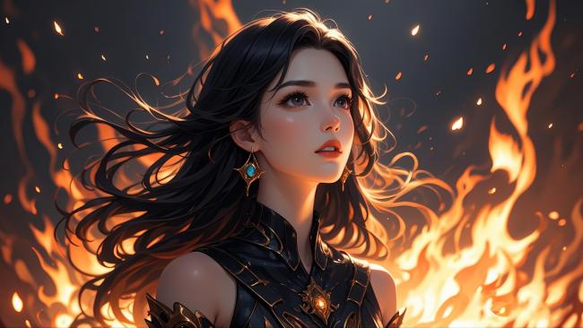 火焰中的女战士：赛博朋克奇幻风插画