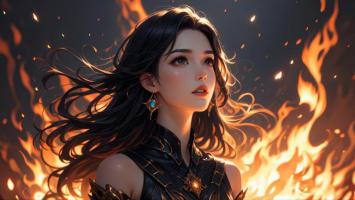 火焰中的女战士：赛博朋克奇幻风插画