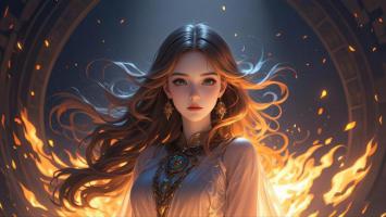 火焰拱门中的古风女神油画肖像