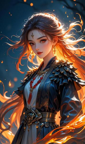 火焰长发仙侠女战神 3D渲染图