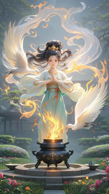 仙侠神女焚香祈愿，双鹤环绕火焰灵焰