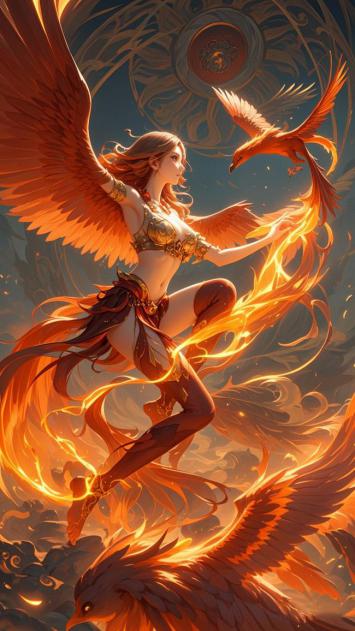 凤凰女神燃焰飞舞奇幻场景插画
