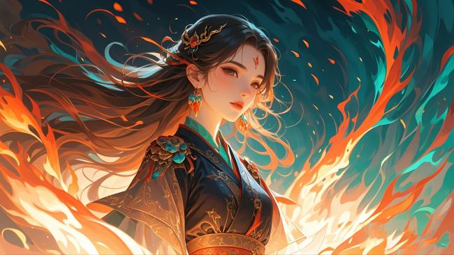 仙侠少女燃焰立像，古风华服幻影飞舞