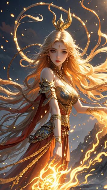 仙侠女神燃火立像，金甲飞发震撼苍穹