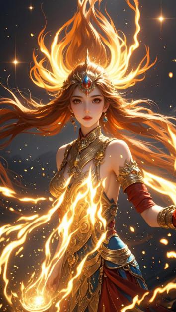 火焰女神神话插画，星空下的炽焰仙姬