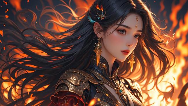 火焰中的仙侠女战神，黑发飞扬，铠甲闪耀