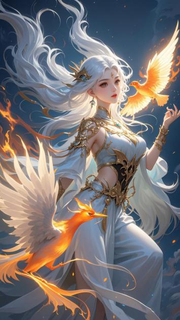 白发神女与双凤共舞的仙侠画卷