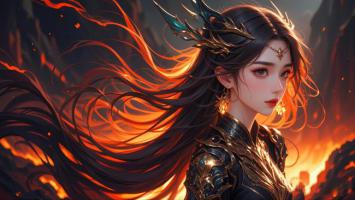 火焰长发仙侠女战士，熔岩背景史诗对决