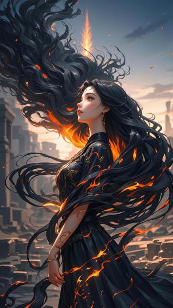 黑发燃火仙侠少女立于废墟之上