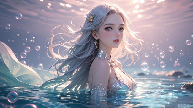 银发人鱼少女水下写真，光影梦幻如梦似幻