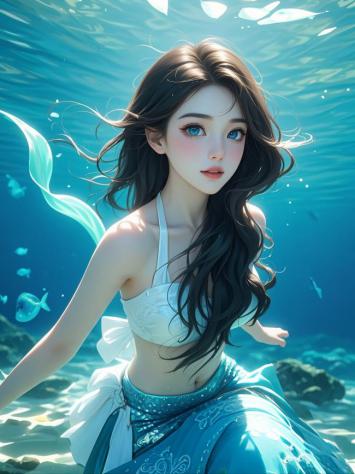 水下美人鱼写实插画，光影梦幻如电影镜头