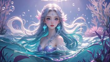 水下银发美人鱼插画，梦幻蓝紫光影