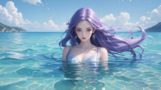 紫发少女海边沐浴插画