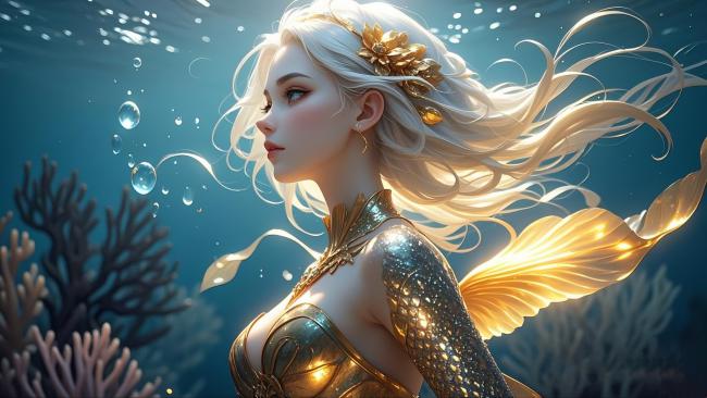 海底黄金美人鱼写实插画