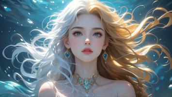 水下银发女神 3D渲染奇幻插画