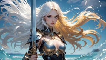 银发女武神持剑立海潮之上