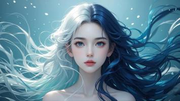 蓝白长发少女水下凝视3D写实肖像