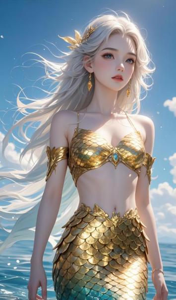 金鳞人鱼立海天，银发飘逸映霞光