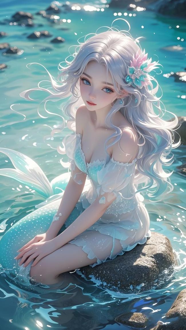 银发人鱼少女海畔静坐图