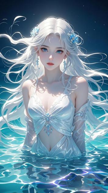 水下仙子白衣飘逸，蓝眸如星，梦幻玄幻风插画