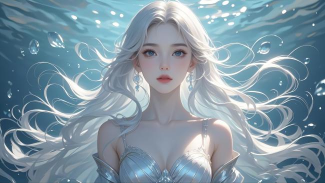 水下银发少女3D渲染插画