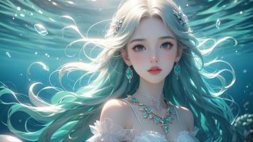 海底仙子：银发蓝宝美人鱼插画