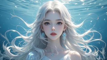 水下银发少女肖像，光影柔美写实风
