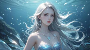 银发美人鱼水下幻境3D渲染图