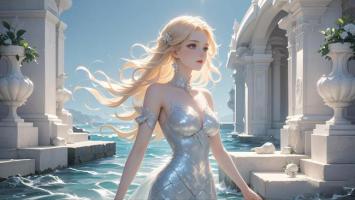 银裙少女立海边古堡，油画风唯美梦幻