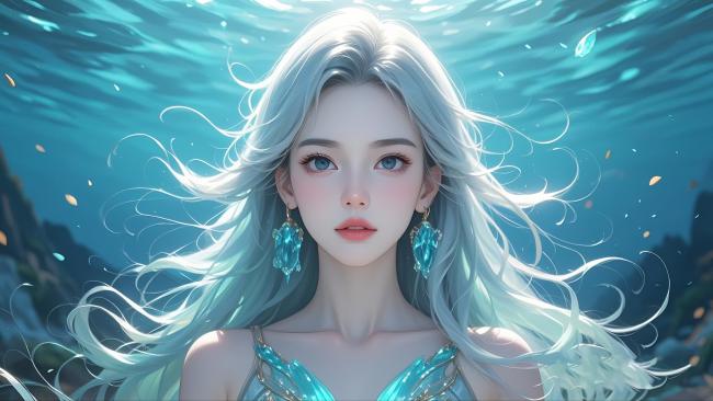 水下银发美人鱼插画，梦幻蓝光漫游
