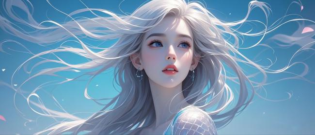 银发少女动漫肖像，梦幻飘逸风