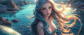 海洋女神写实肖像，晨光洒落发丝如幻