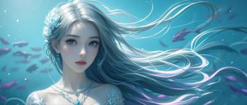 海中仙子银发飘舞奇幻插画
