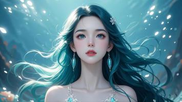 深海蓝发少女3D渲染插画