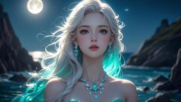 月夜海畔银发少女奇幻写真