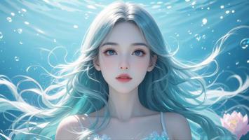 水下蓝发少女梦幻插画