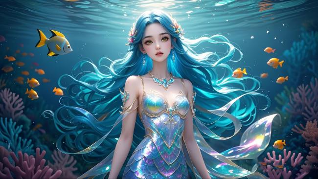 海底蓝发美人鱼梦幻插画