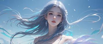 蓝发少女飘逸立绘，梦幻空灵仙气十足