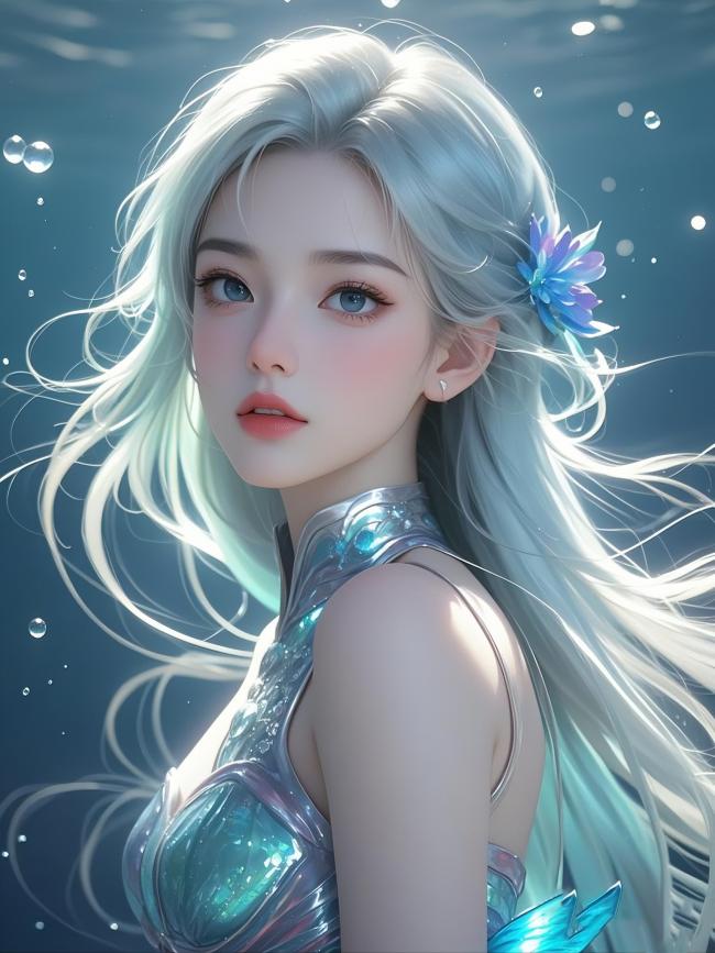 水下仙子银发飘逸，水晶战衣映波光