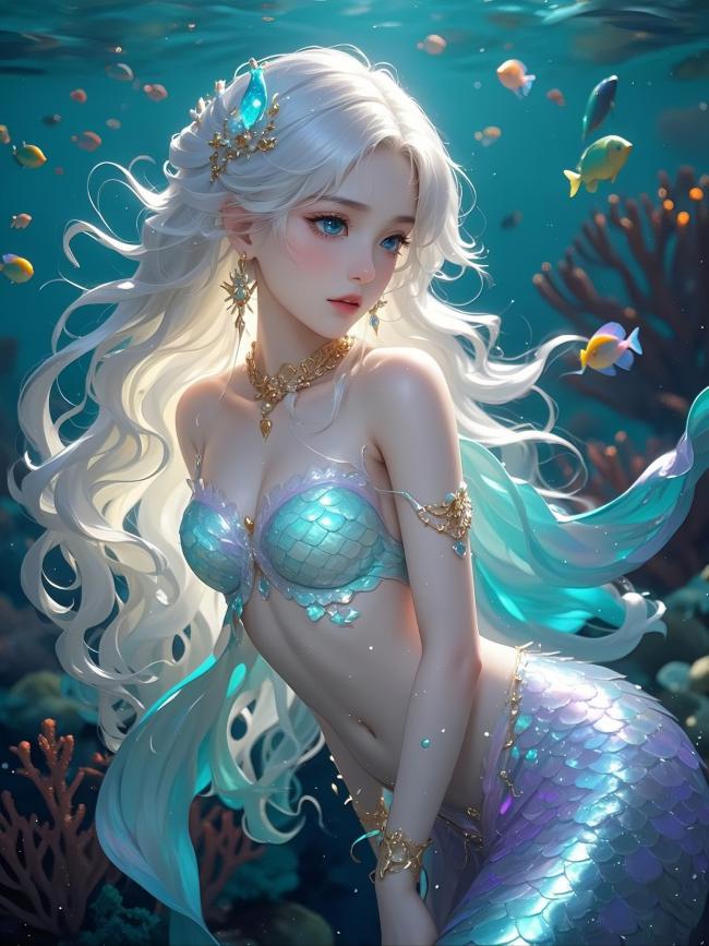 海底银发美人鱼插画